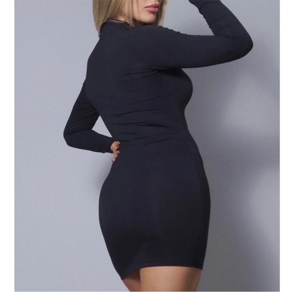 WOMENS HIGH NECK LONG SLEEVE BASIC BODYCON DRESS - Picture 3 of 5